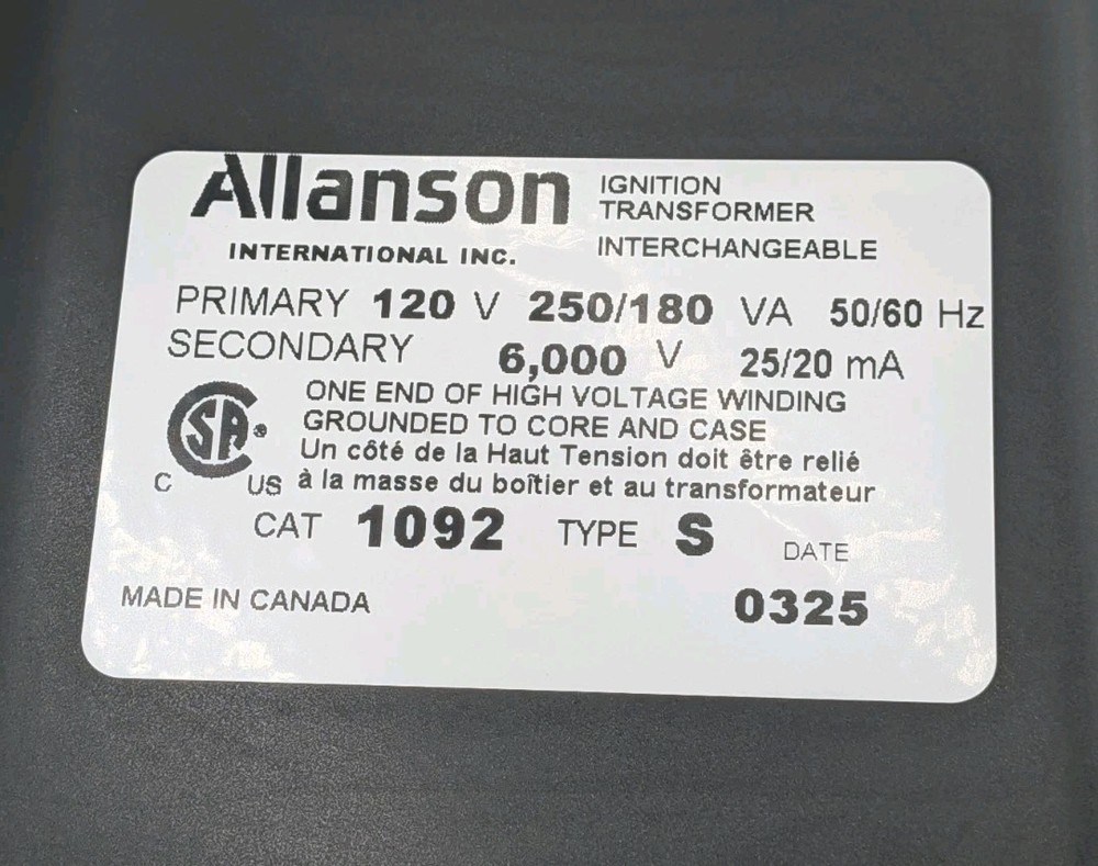 Allanson 1092 Type S Ignition Transformer, 120V/6000V