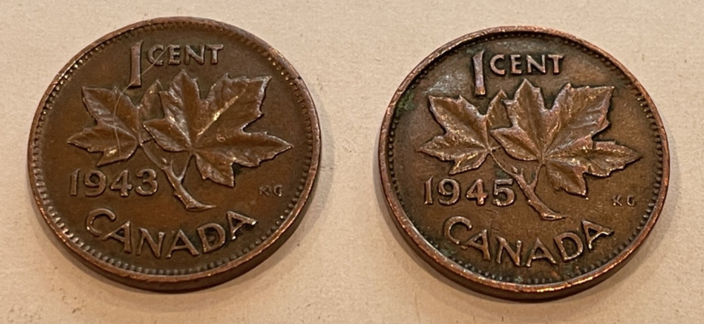 1943 Canada one cent 1945 Canada one cent Canadian cents