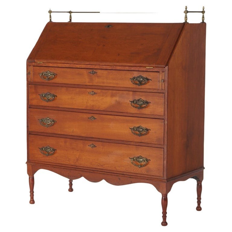 Cherry Drop Front Desk with Graduated Drawers & Brass Gallery C1820
