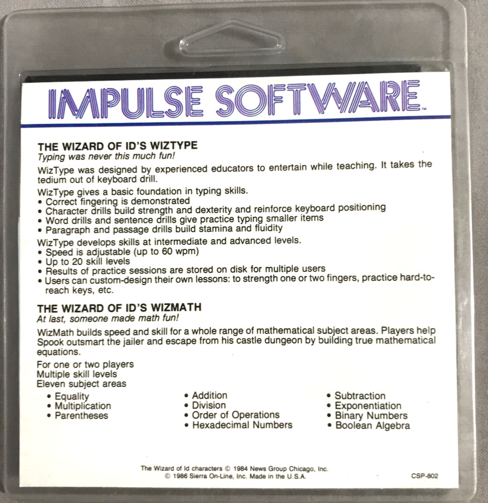 NIB WizType/WizMath Commodore 64/128 Impulse Software published clamshell 1986