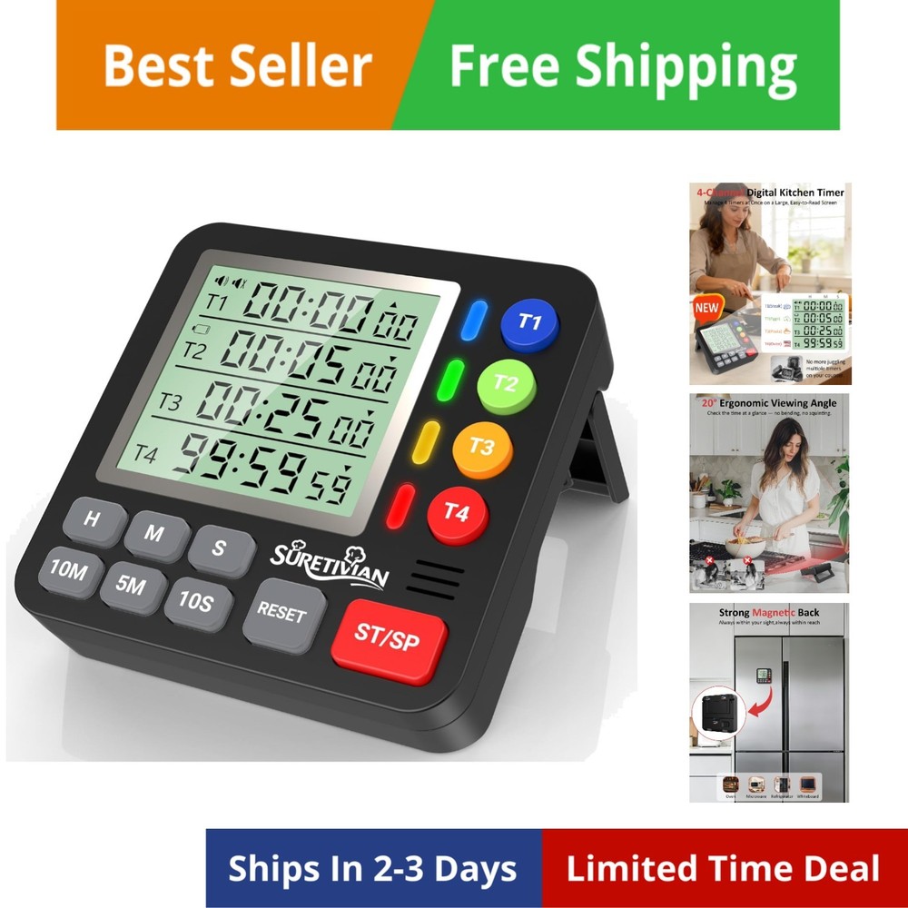 Digital Kitchen Timer for Cooking - 4 Channel Count Up Countdown Timer with L...