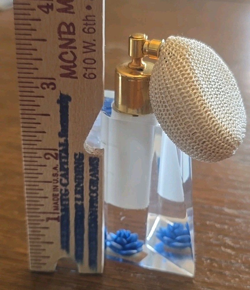Evans Atomizer Lucite w/Blue Flower Perfume Bottle