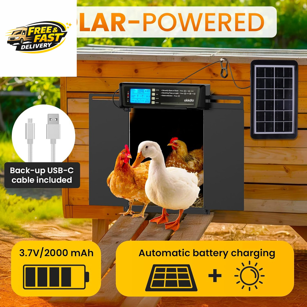 Extra Large Coop Door Solar Powered with Remote - LCD Display, Light Sensor, Tim