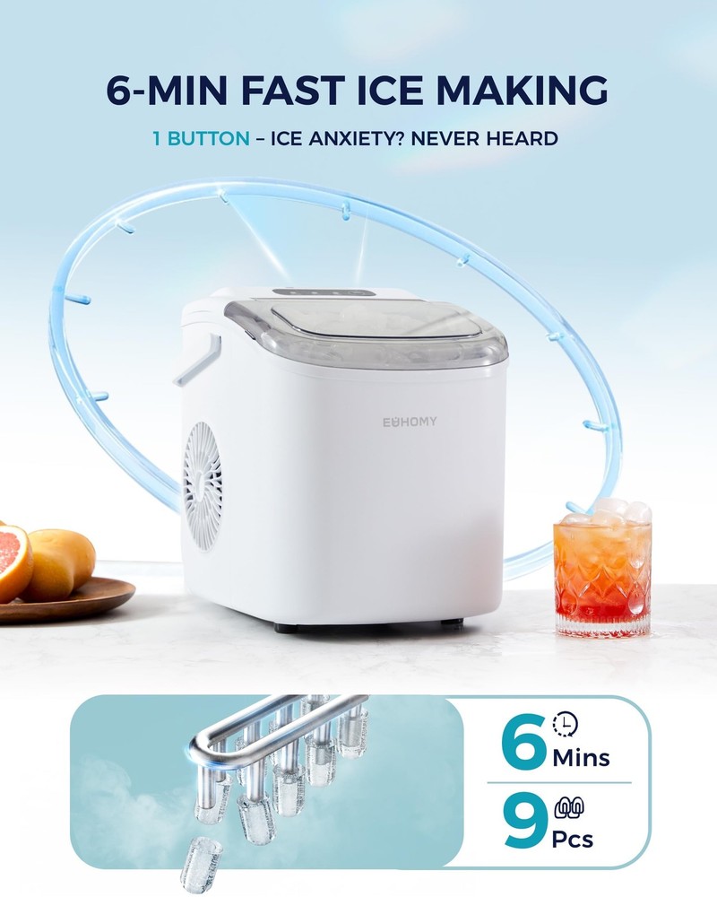 Countertop Ice Maker Machine with Handle, 26lbs Per Day, 9 Ice Cubes Ready in 6