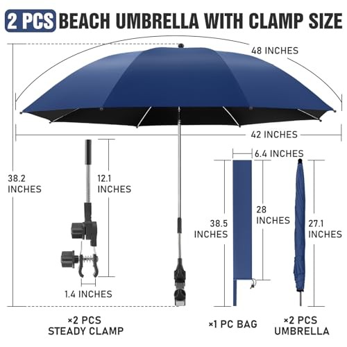 2 PACK Beach Umbrella with Clamp, 360 ° Adjustable Umbrellas for Ink Blue