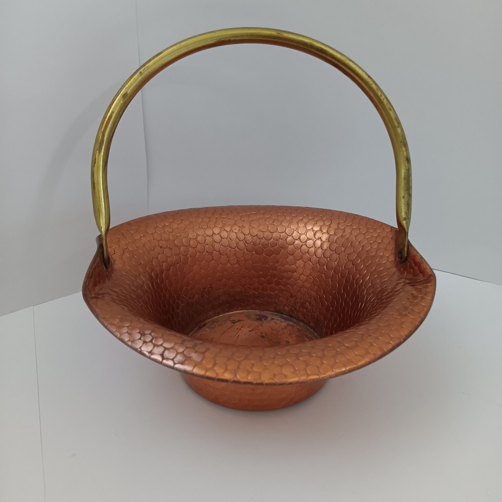 Vintage Copper Hammered  Basket with Brass Handle 8"
