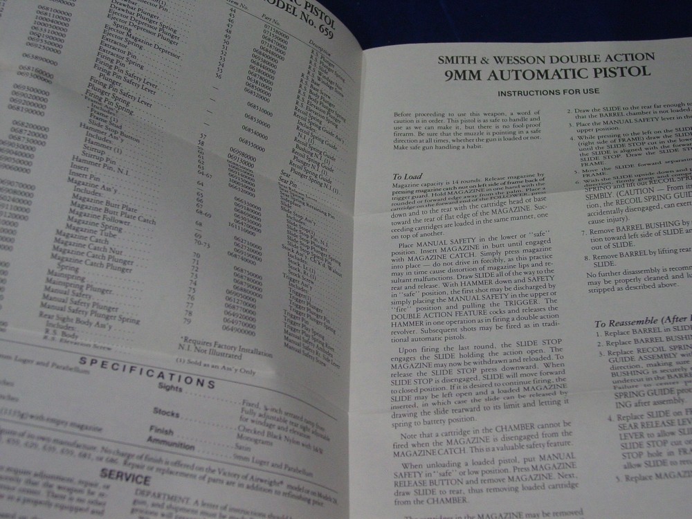 SMITH & WESSON MODEL 659 FACTORY ORIGINAL MANUAL