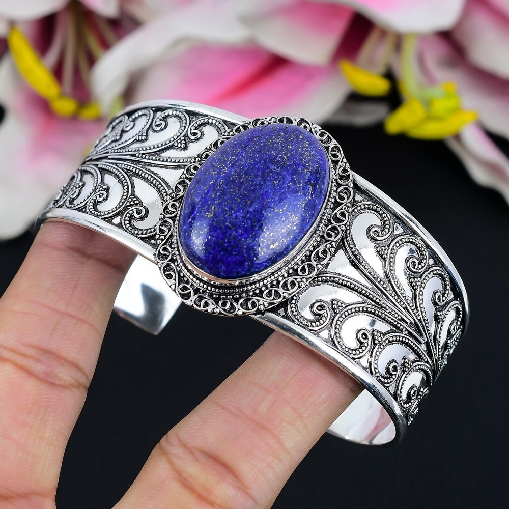 Lapis Lazuli Gemstone Handmade 925 Sterling Silver Bangle Adjustable Cuff