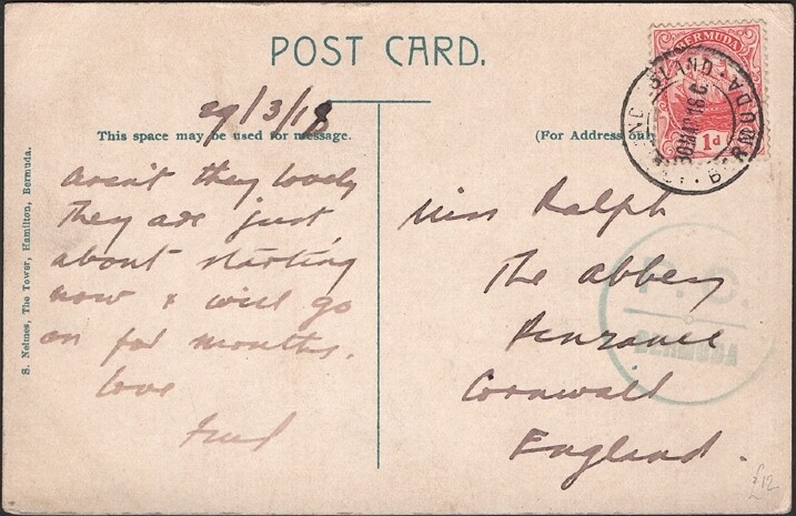 BERMUDA, 1918. Censor Post Card, Ireland Island - Cornwall