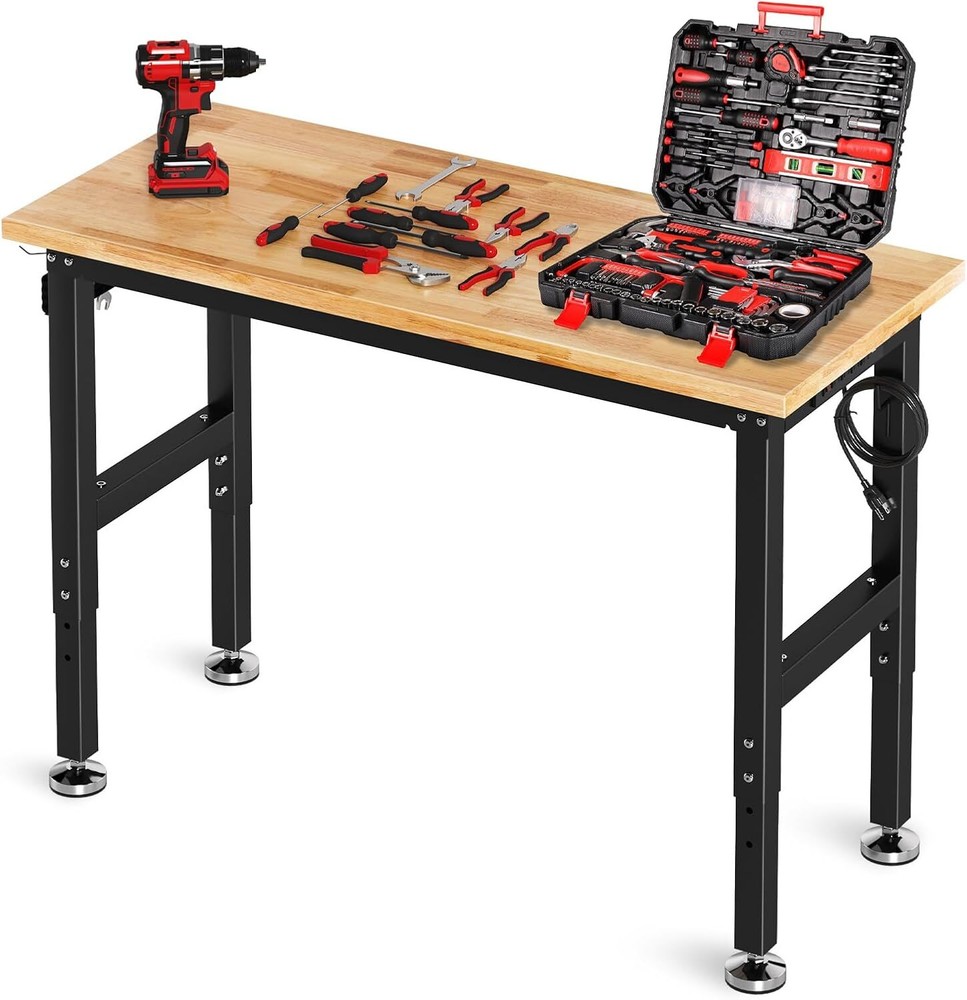 Adjustable Work Bench with Power Outlet&Pegboard,Rubber Wood Top Work Table