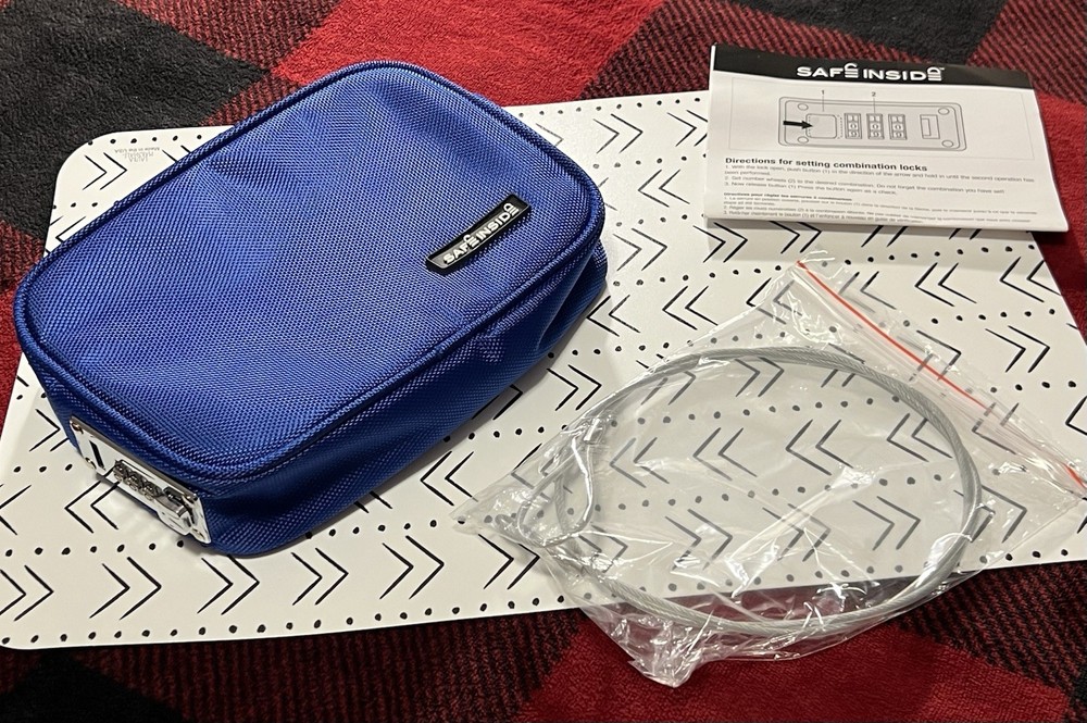 Never used/set, Safe Inside Locking Privacy Pouch Combination Lock w/Tether Blue