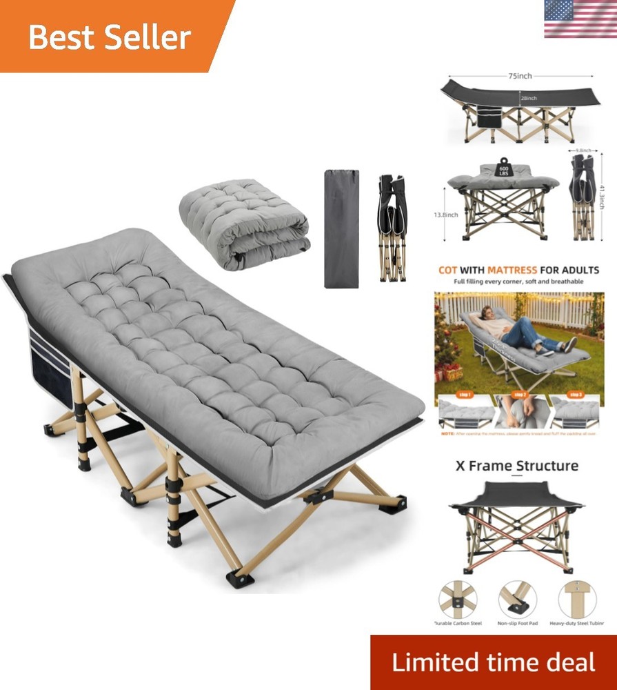 Portable Camping Cot, 600LBS Max Load, Extra Wide with Thick Mattress, Foldin...
