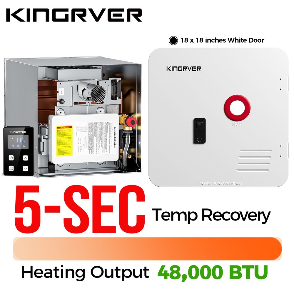 Tankless RV Camper Water Heater Propane 48,000 BTU W/ 18"x18" White Door DC 12V