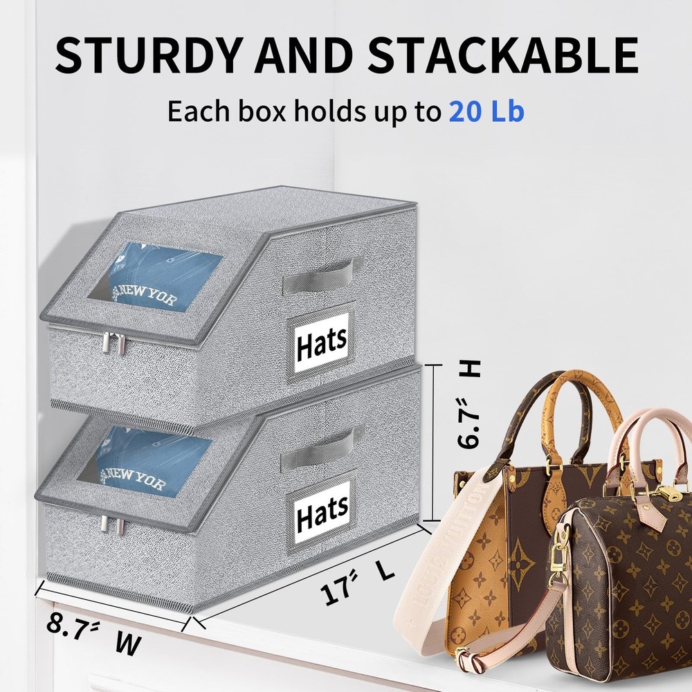 Hat Organizer for Baseball Caps - 2PCS Stackable Storage with Clear Lid, Draw...