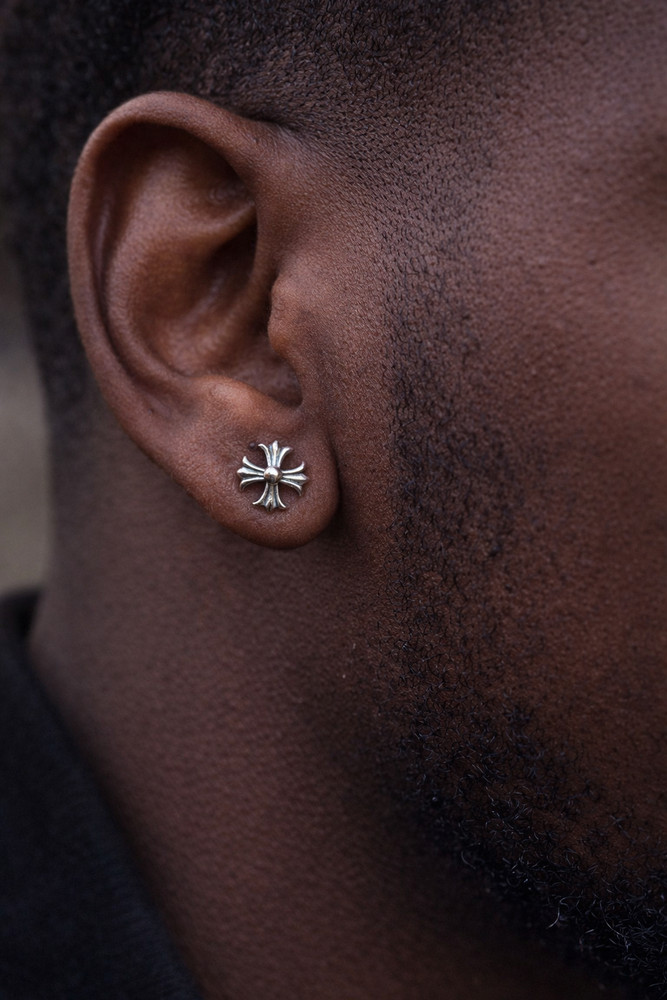 Real Solid 925 Silver Men Hearts Of Chrome Star Oxidized Earrings Plain Studs