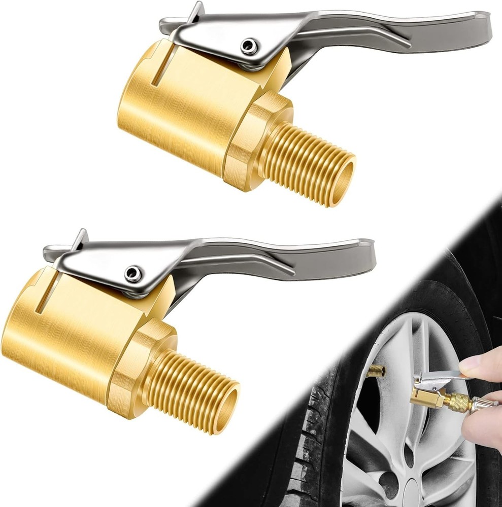 2-Pack Brass Tire Air Chuck, Locking Quick Connect Inflator Hose Adapter, No Lea