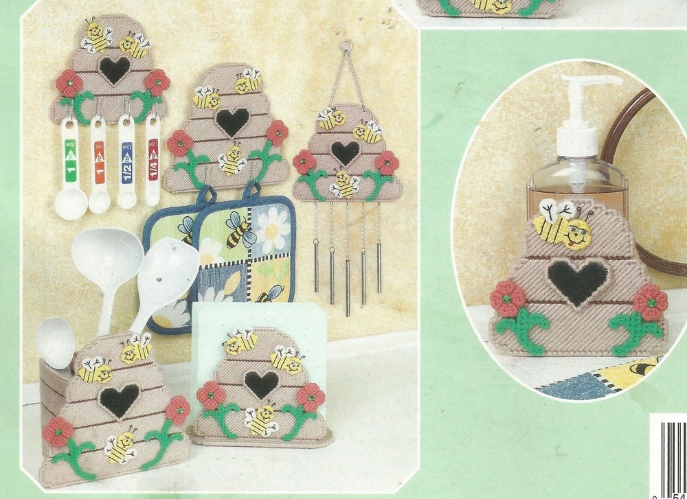 Plastic Canvas Patterns Busy Bee Kitchen Set Note Napkin Holder Towel Hanger E82