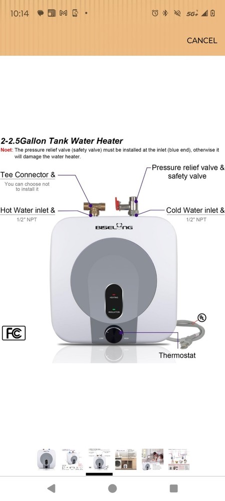Biselong BI-2.5 Mini Electric Storage Tank Water Heater 2.5 Gal 110/120V