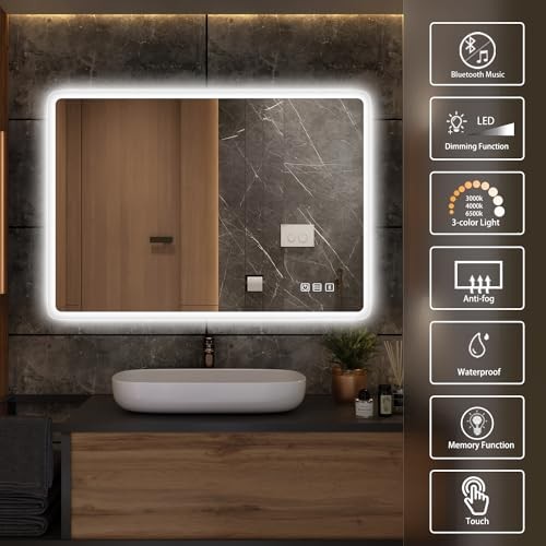 LED-Lighted-Bathroom-Mirror, Wall-Mounted-Dimmable-Vanity-Mirror, 32"x24"