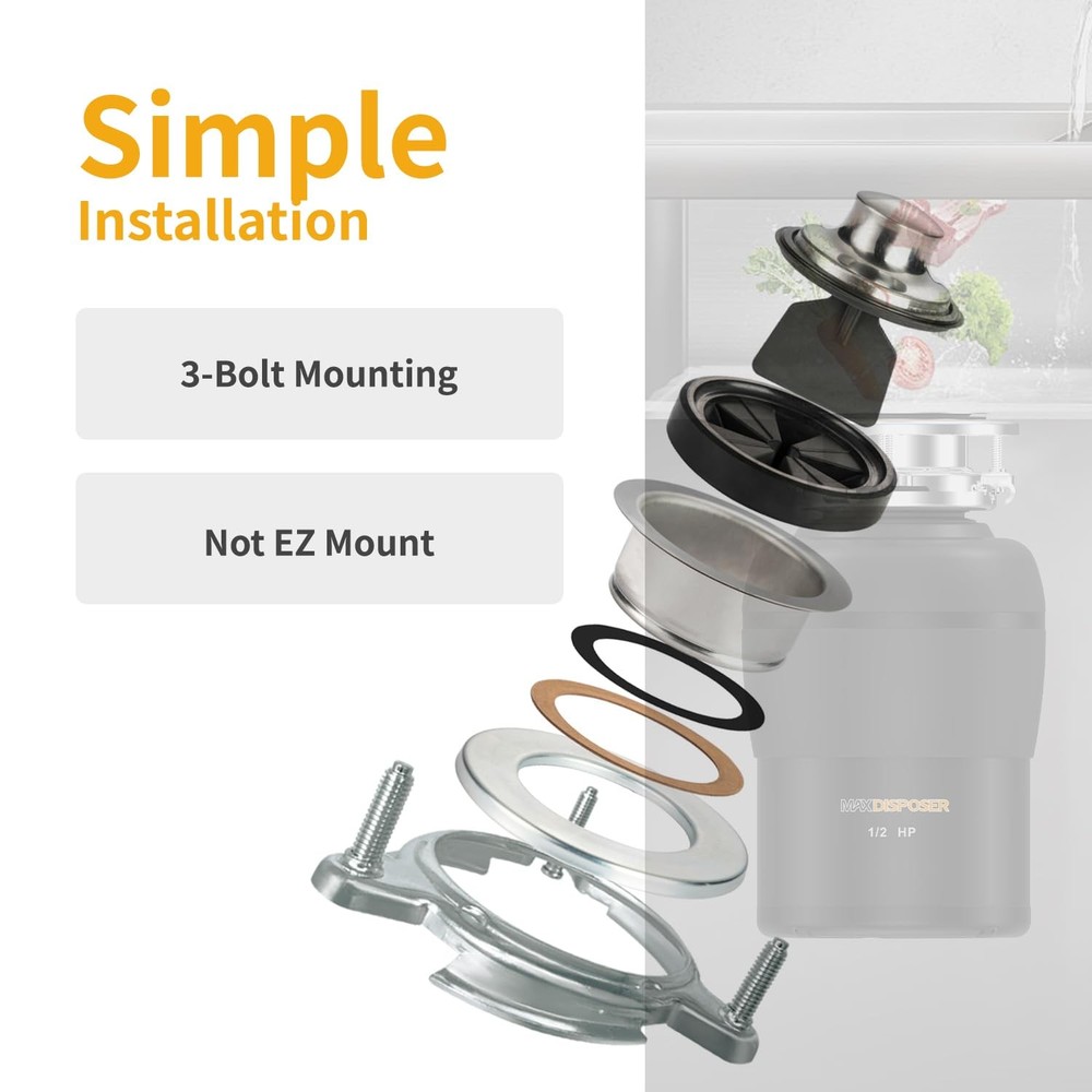 MAX DISPOSER Garbage Disposal 1/2 HP Easy install Quiet with Stopper Power Cord,