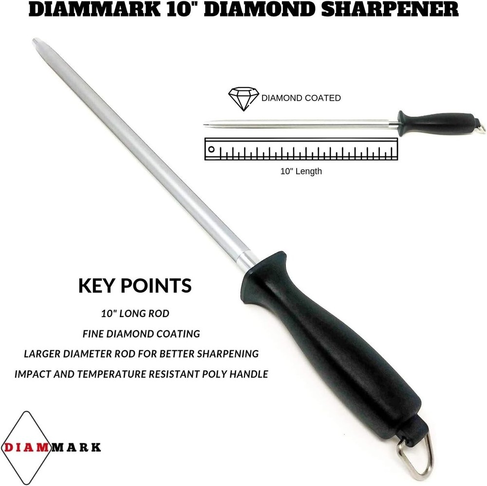10 Inch Solid Core Diamond Knife Sharpener - Fine Grit - Large Diameter Rod