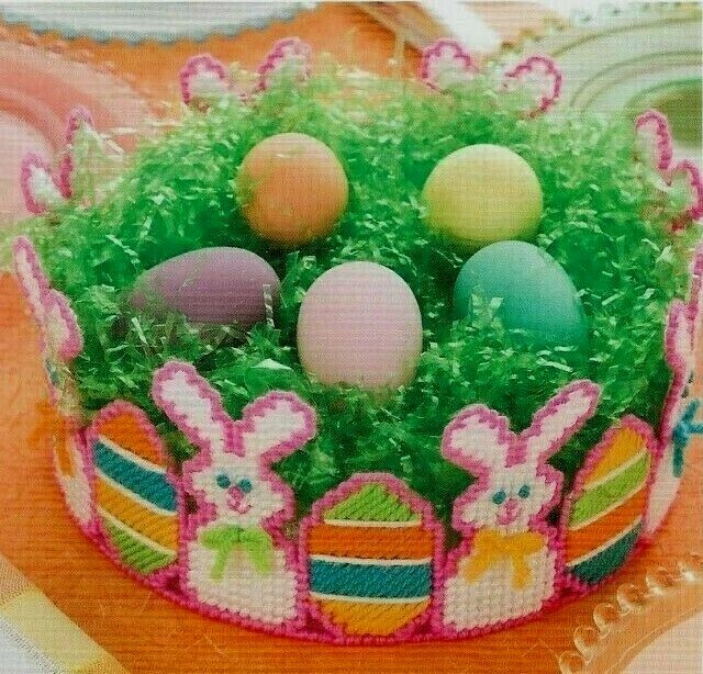BUNNY TABLE BASKET EASTER DECOR PLASTIC CANVAS PATTERN INSTRUCTIONS