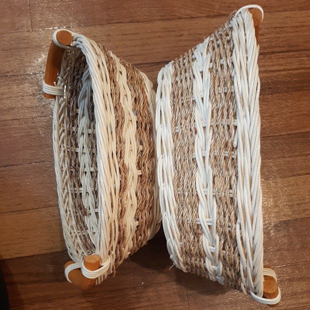 2 Oval Wicker Serving Baskets Wood Handles