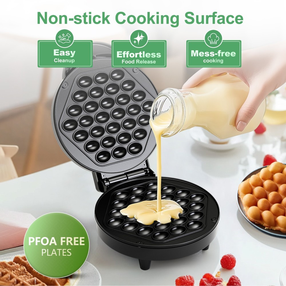 7" 1000W Bubble Waffle Maker, Nonstick, 5 Min Ready w/Recipe Guide