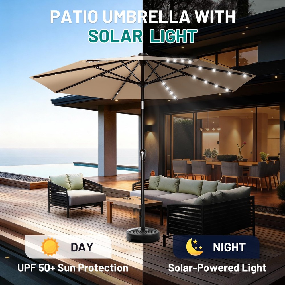 AreShark 9FT Patio Umbrella with Solar Lights, 32 Lighted Pool 9 FT, Beige