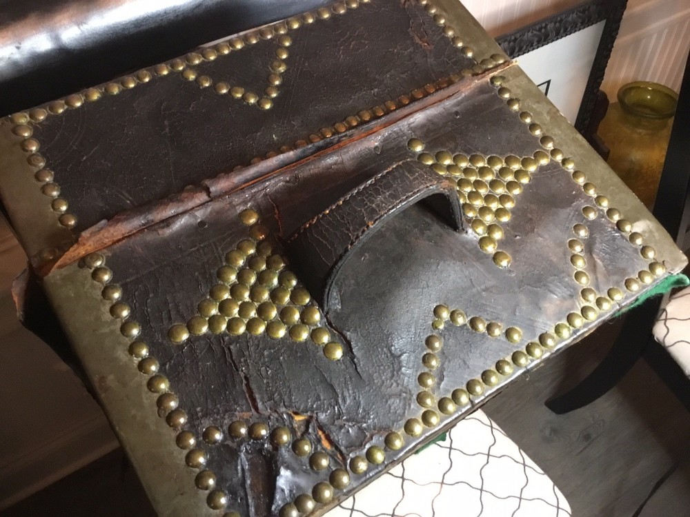 AUTHENTIC ANTIQUE PORTUGESE STUDDED LEATHER STORAGE TRUNK
