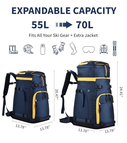 55L-70L Expandable Ski Boot Bag – Waterproof, Durable with Helmet Navy Blue