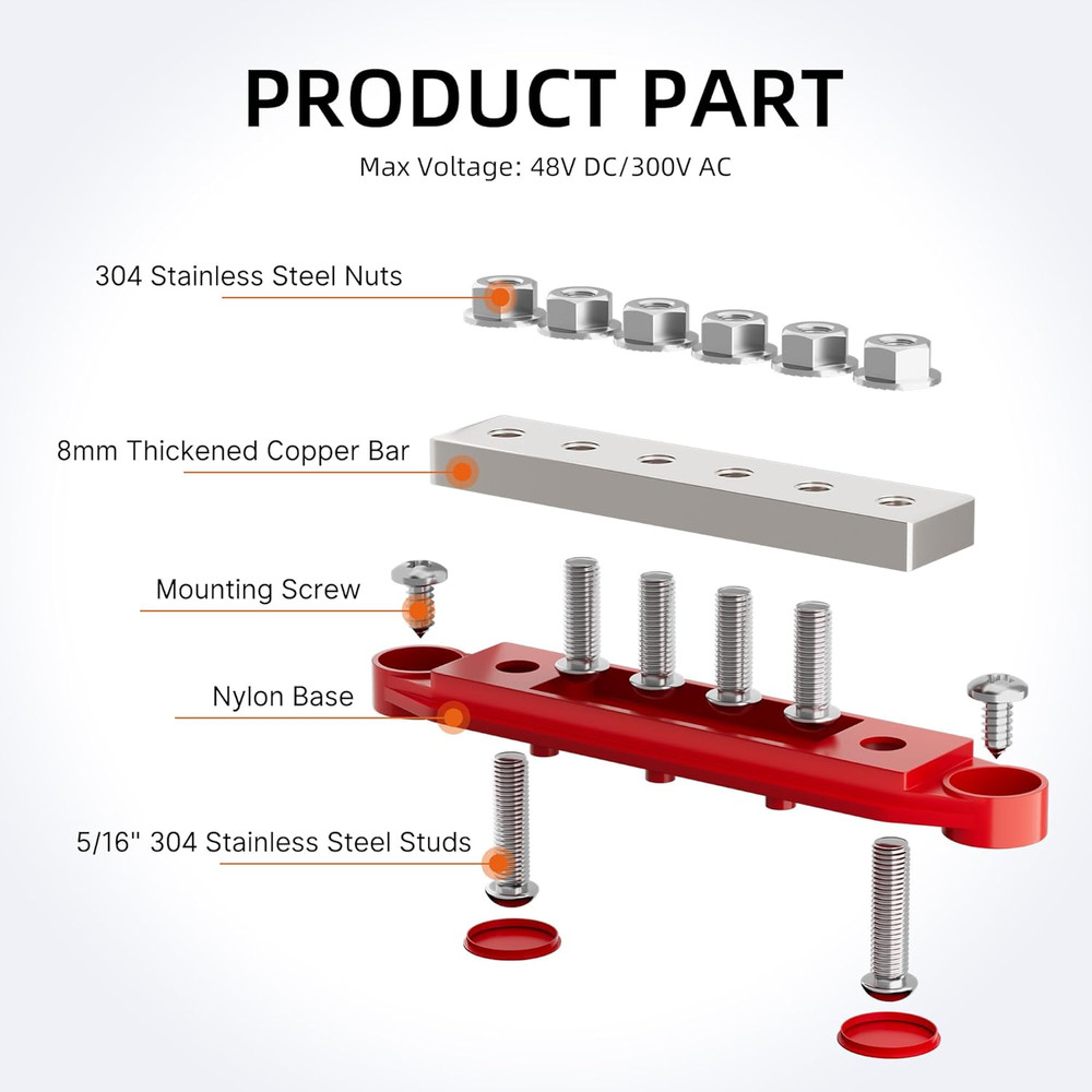 400A 12V Bus Bar Power Block – 6-Terminal Studs for Marine, Auto & Solar