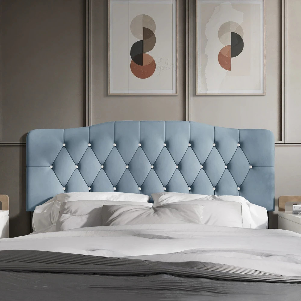 Upholstered King Size Headboard Only Light Blue Adjustable Height Diamond Tufted