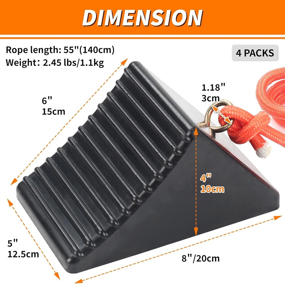 Heavy Duty Rubber Wheel Chocks with Eyebolt, Solid 4-Pack (8x5x4)