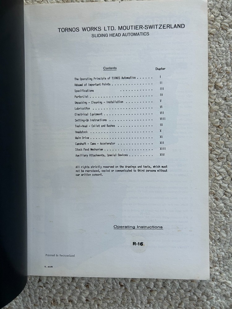 Tornos R-16 High Speed Automatic Lathe Manual