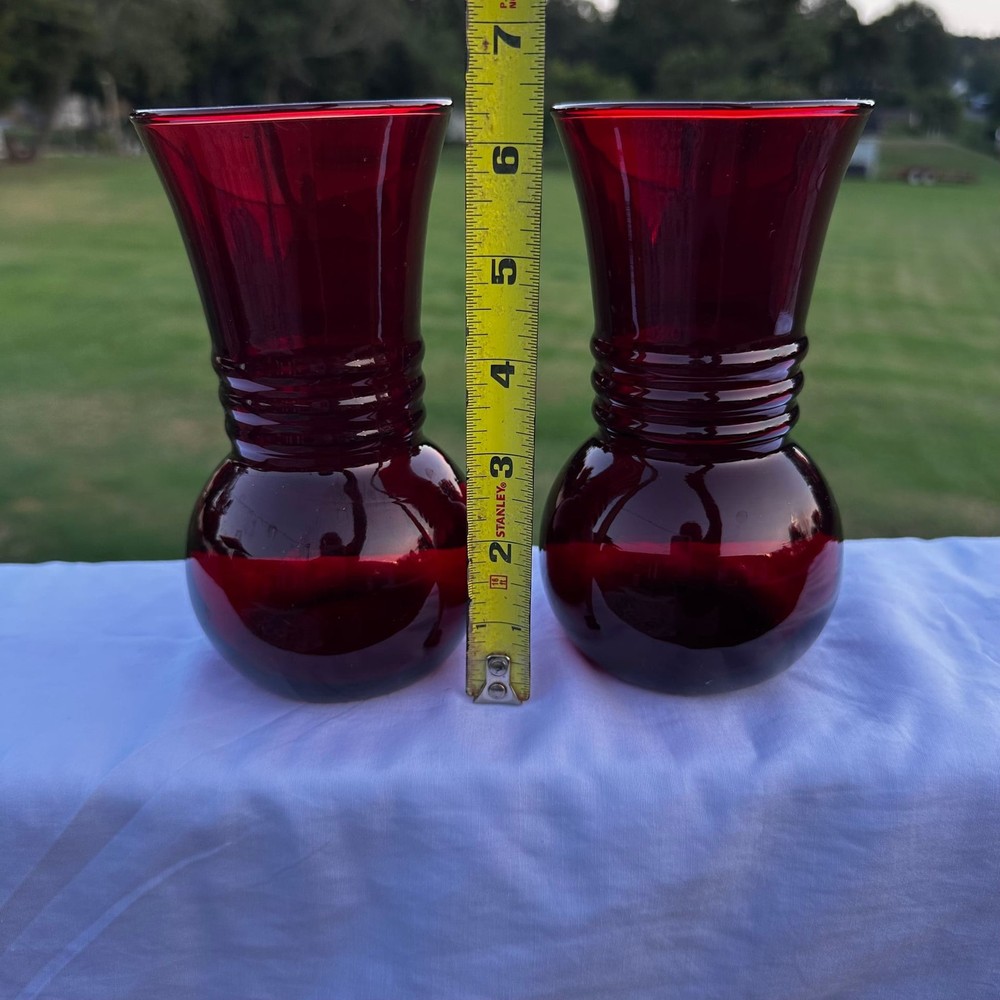 Pair of Ruby Red Anchor Hocking Vases MCM Classic