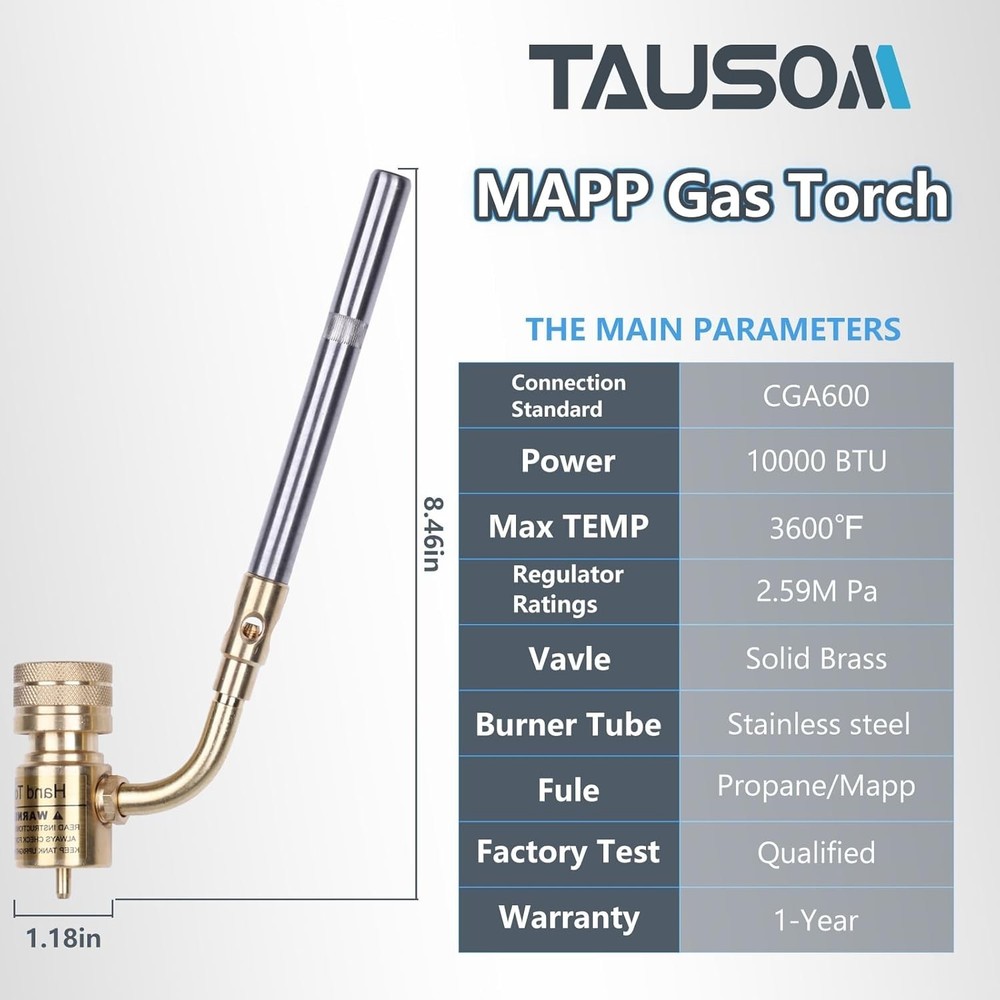 Durable Brass MAPP Gas Torch Head with Adjustable Flame Control & Rotatable Tip