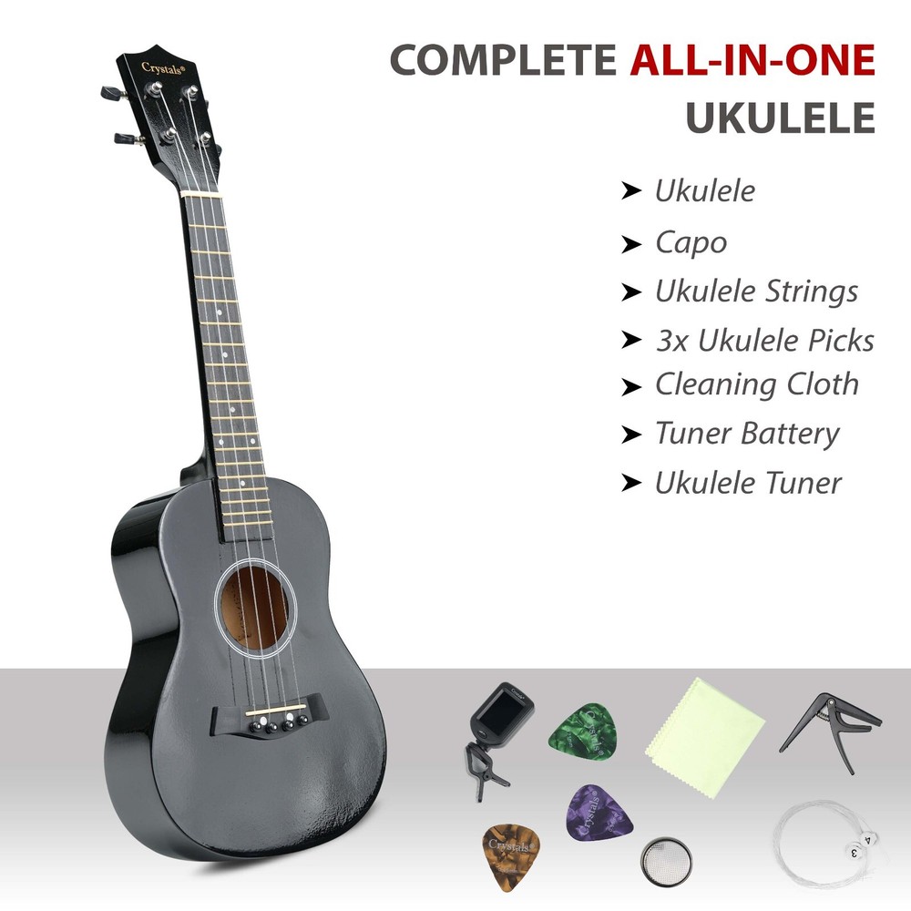 23" Concert Beginners Ukulele, Felt Pick & Spare Strings – Black