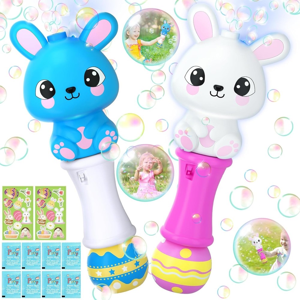 Easter Bunny Bubble Wand 2 Pack, Automatic Bubble Machine Gun for Kids, Light Up