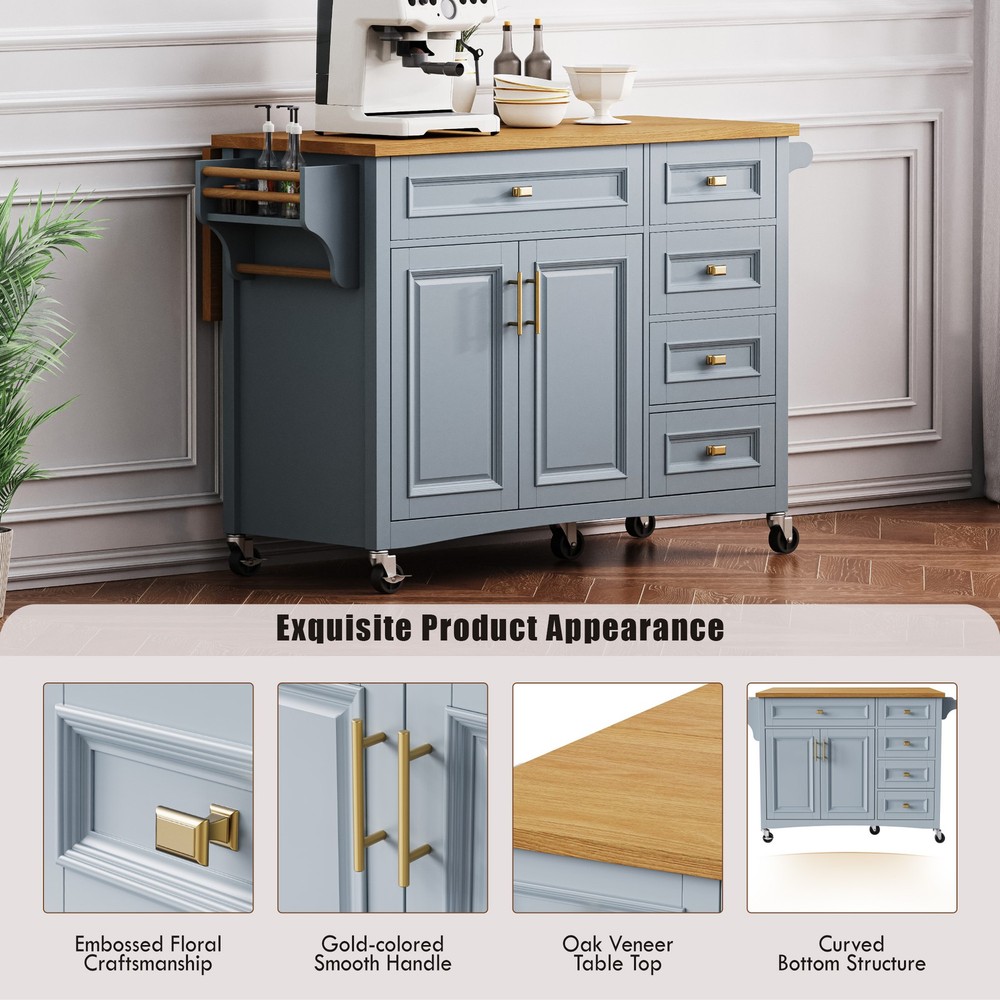 K&K 52'' Kitchen Island with Drop Leaf, Embossed Texture Kitchen Island on Whe