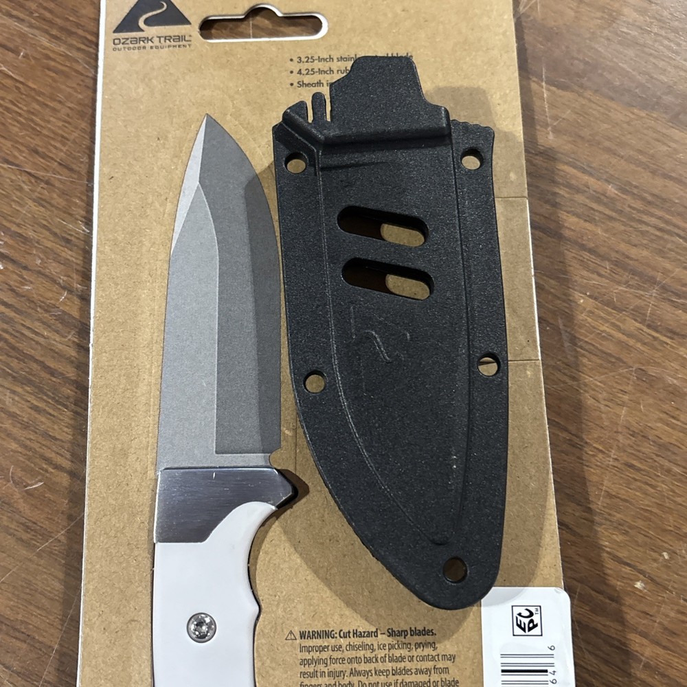 Ozark Trail 7.5 Fixed Blade Knife with Plastic Sheath White Handle New In Box