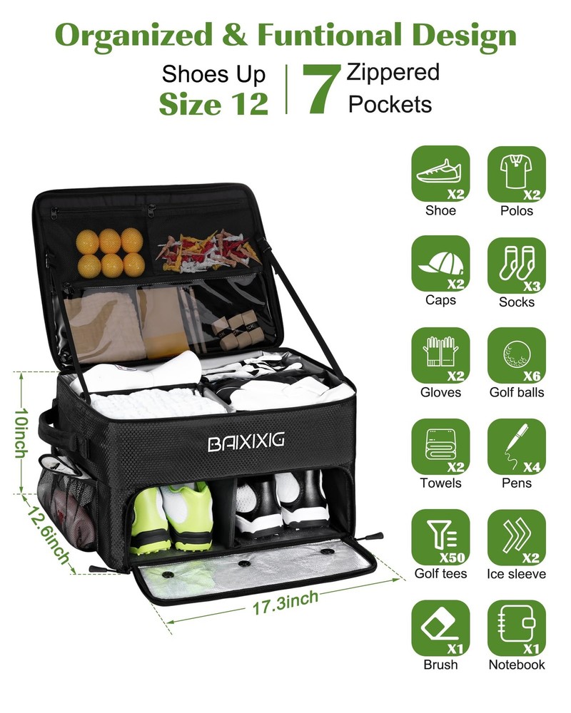 Golf Trunk Organizer, 2-Layer Storage with Shoe Pocket, Storage for Golf Acce...