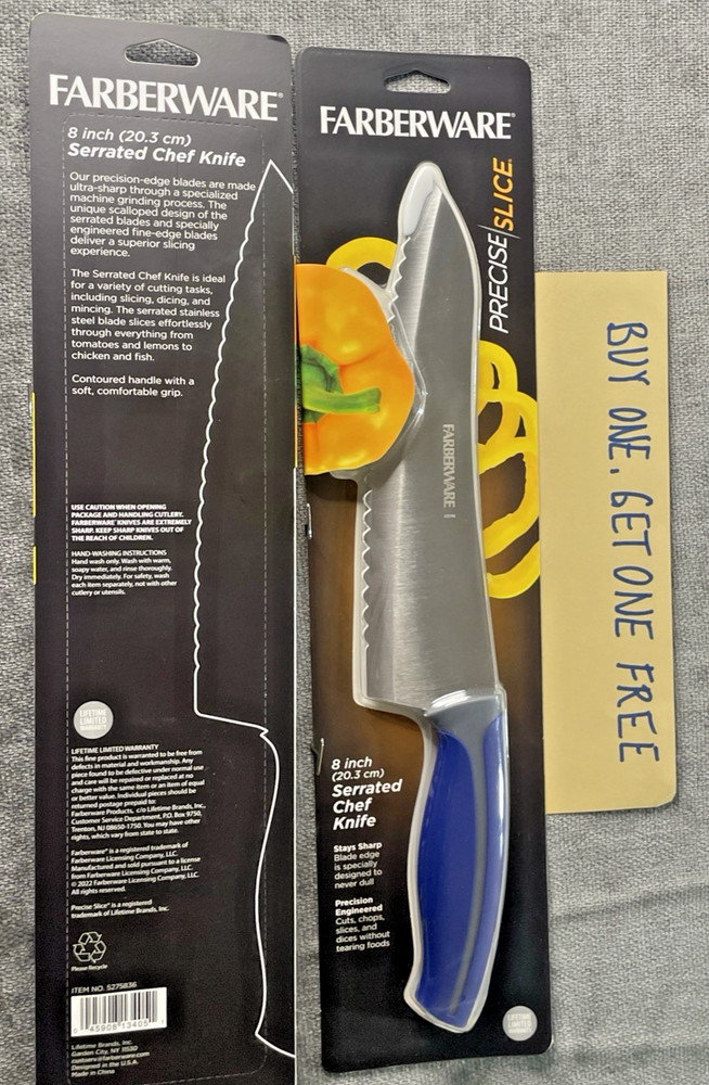 Farberware Precise Slice 8” Serrated Chef Knife w/Blue & Gray Handle BOGO