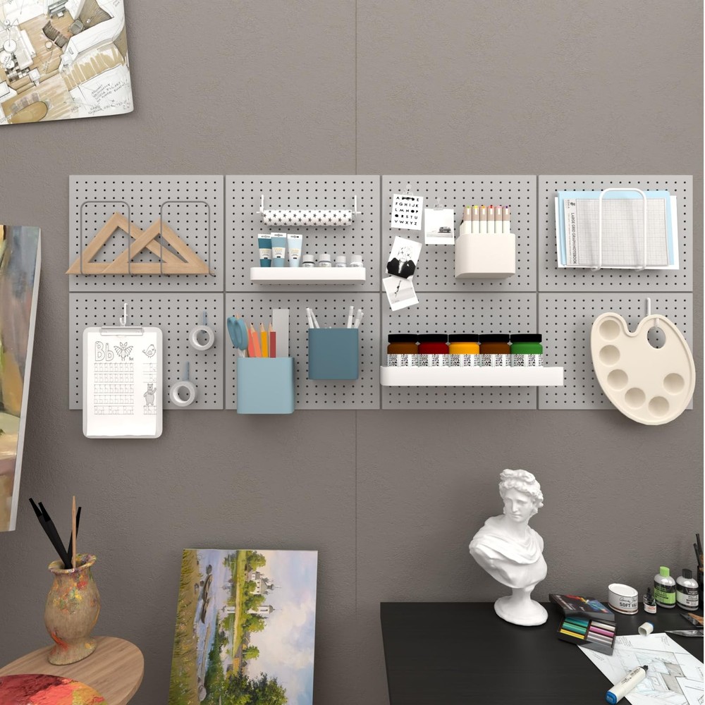 Peg Board,4 Pack Metal Pegboard Panels with 8 Hooks,PegBoard Wall Organizer,1...