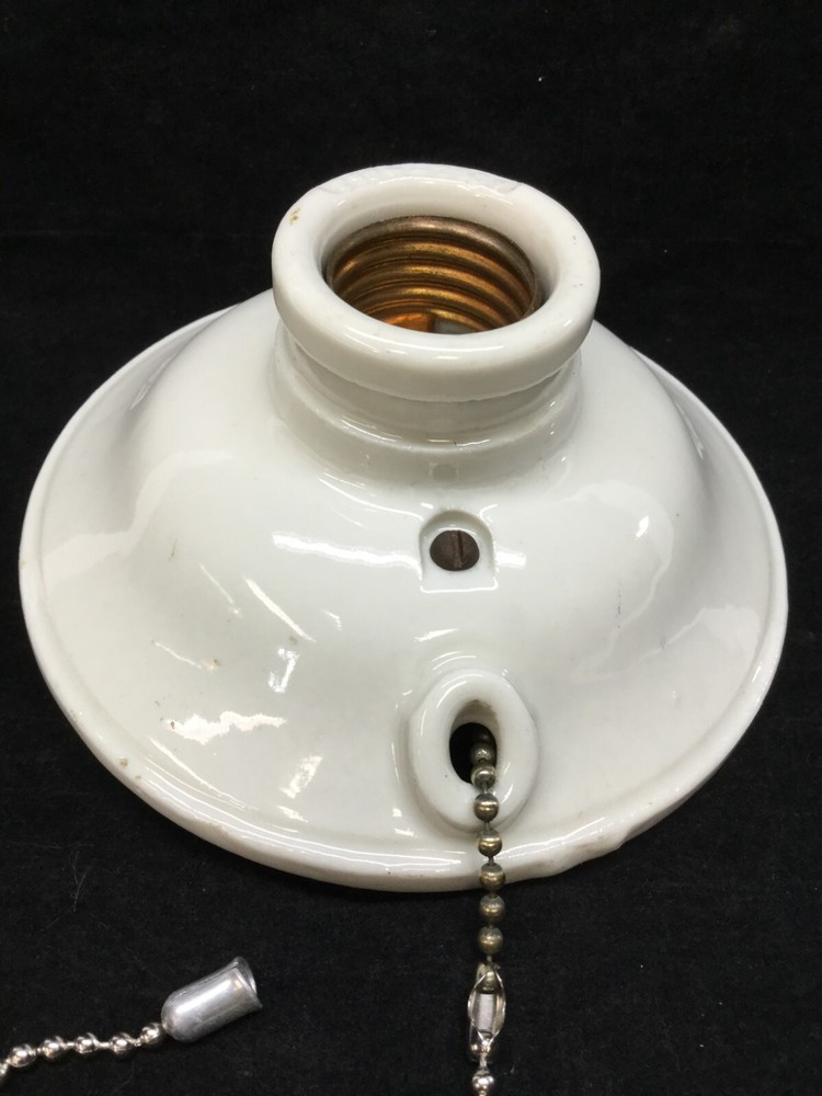 Antique Porcelain Flush Mount Pull Chain Fixture Rubberized Bulb Cage Guard
