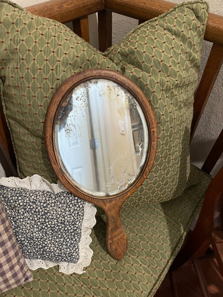 VINTAGE WOOD FRAME BEVELED OVAL MIRROR CURVED HANDLE