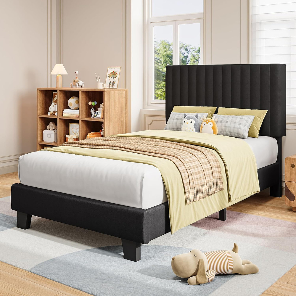 Twin Size Bed Frame, Upholstered Platform Bed with Vertical Linen Headboard, Wid