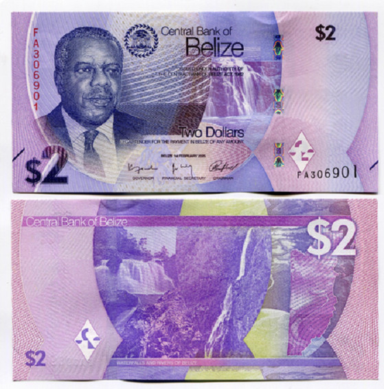 2025 Belize 2 Dollars P 73 NEW Design FA Prefix UNC New Banknote