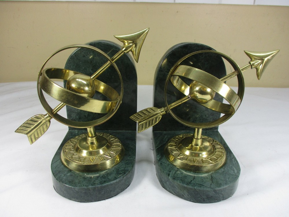 Vintage Ornate Solid Brass Armillary Sundial Arrow Marble Bookends
