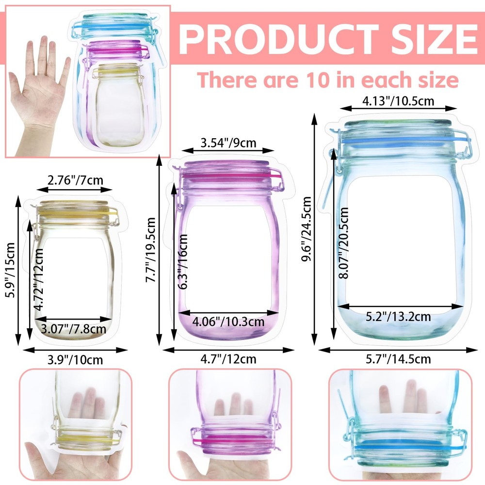 30 PCS Multi-Size Mason Jar Bottle Pattern Zipper Bags,Reusable Small, Multi
